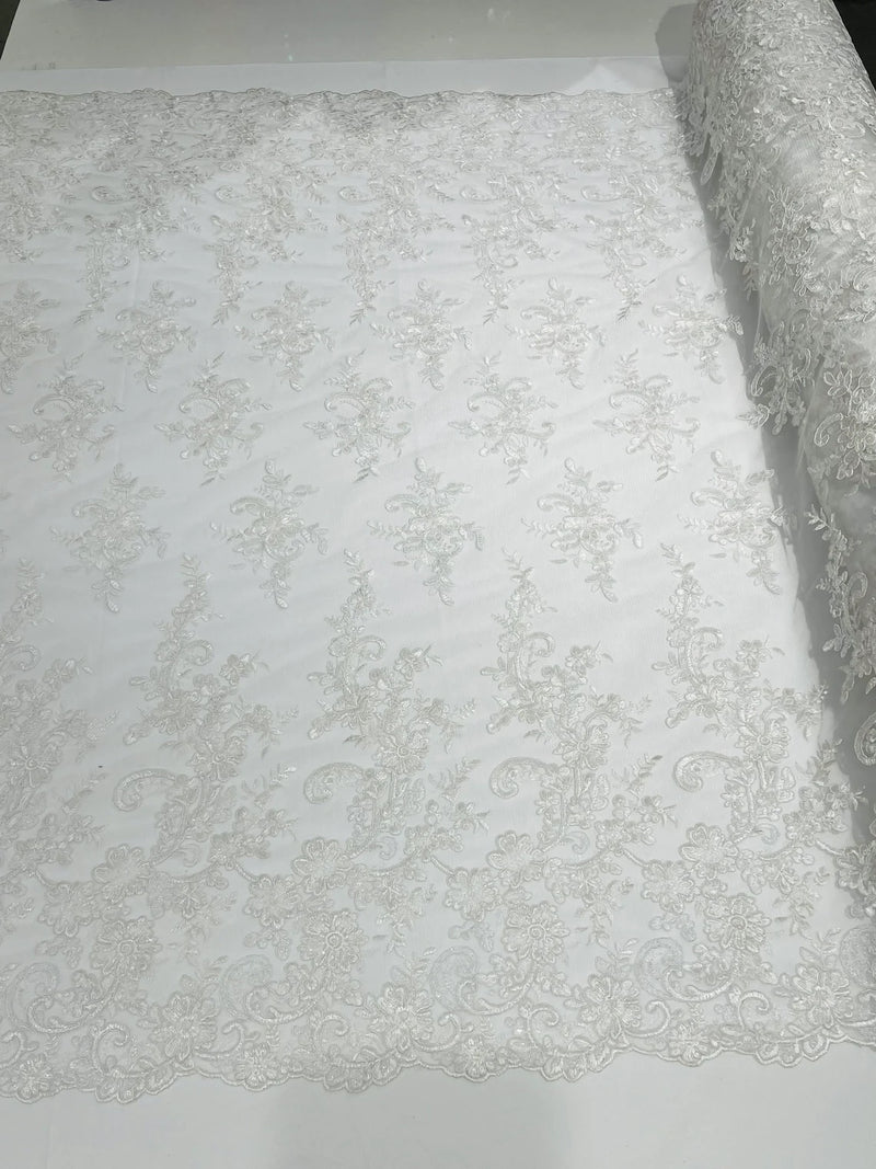 Lace Flower Cluster Fabric - White - Embroidered Flower With Sequins on a Mesh Lace Fabric By Yard