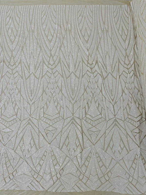 Geometric Fabric - White - Geometric Sequins Pattern Design 4 Way Stretch Sold By Yard