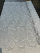 Lace Sequins Fabric - Corded Flower Embroidery Design Mesh Fabric - 25 Yard Roll