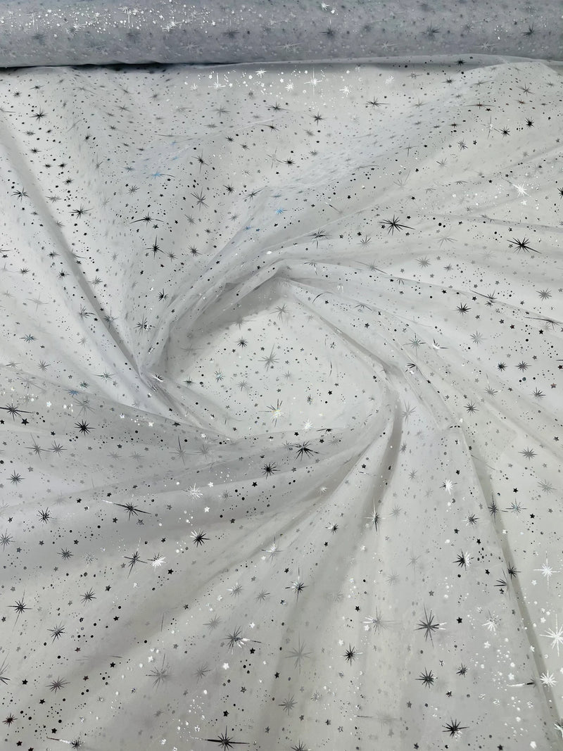 Foil Star Organza - Silver On White - 60" Sheer Silver Star Organza Fabric Sold By Yard