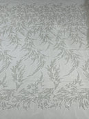 Leaf Plant Cluster Design Fabric - White - Beaded Embroidered Leaves Design on Lace Mesh By Yard