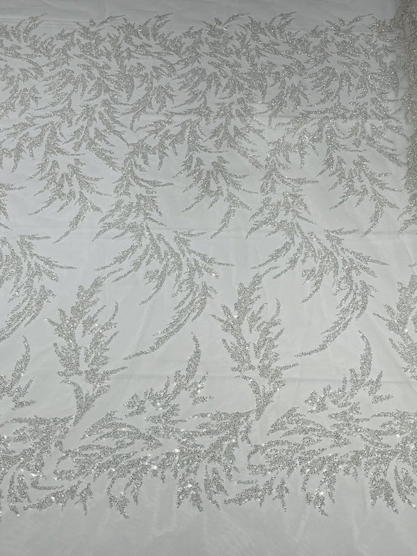 Leaf Plant Cluster Design Fabric - White - Beaded Embroidered Leaves Design on Lace Mesh By Yard