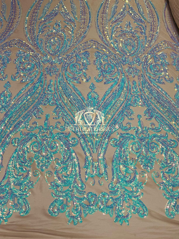 Big Damask Sequins Fabric - Aqua/Blue on Blush Mesh 1 - 4 Way Stretch Damask Sequins Design Fabric By Yard