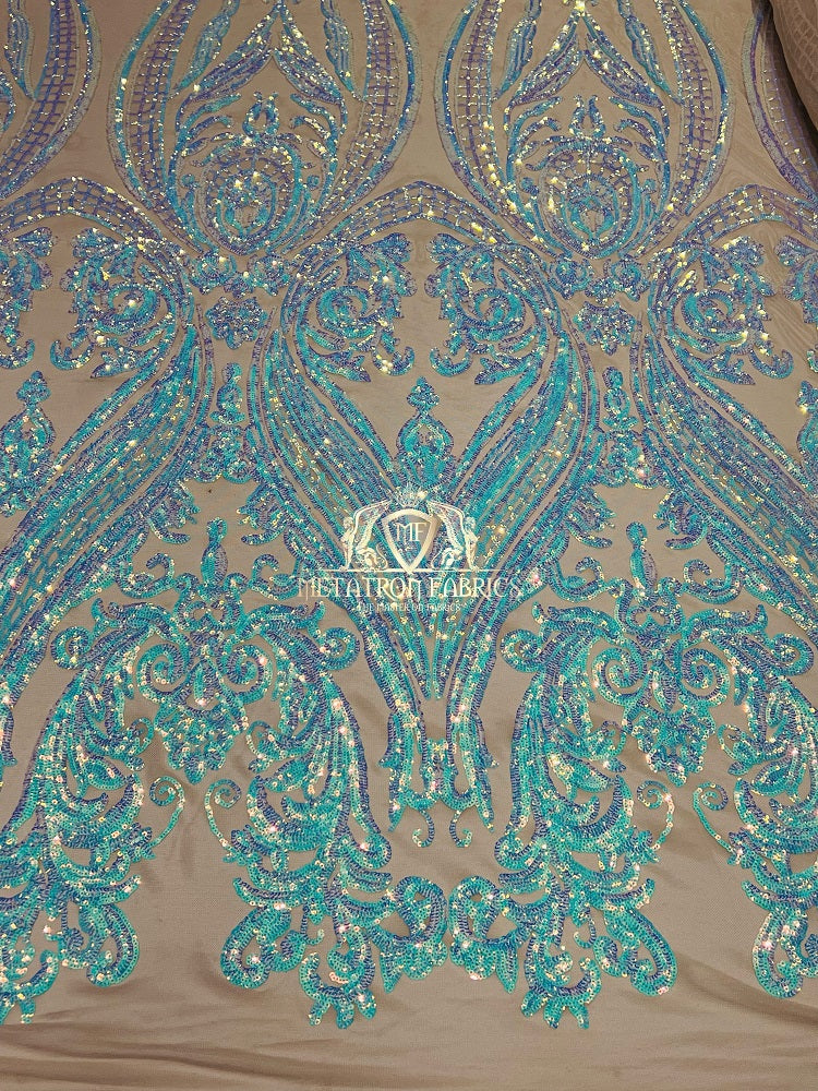 Big Damask Sequins Fabric - Aqua/Blue on Blush Mesh 1 - 4 Way Stretch Damask Sequins Design Fabric By Yard