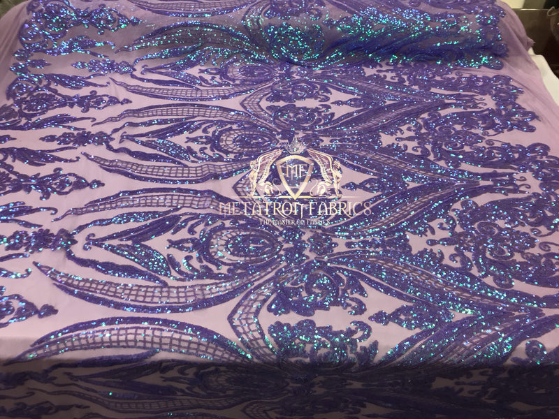 Big Damask Sequins Fabric - Iridescent Lilac - 4 Way Stretch Damask Sequins Design Fabric By Yard