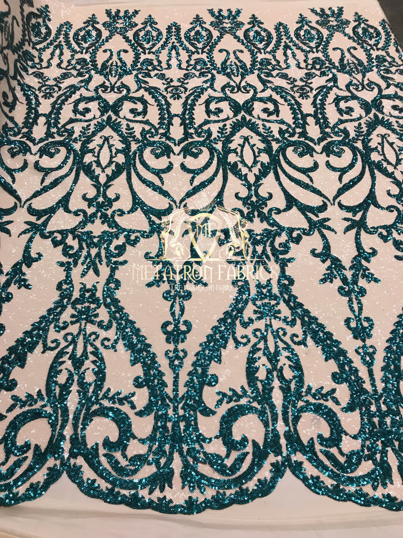 Two Tone Sequins - Teal / Nude - 4 Way Stretch Fancy Design Mesh Fabric Sold By The Yard