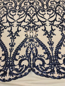 Two Tone Sequins - Navy / Nude - 4 Way Stretch Fancy Design Mesh Fabric Sold By The Yard