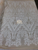 Big Damask Sequins Fabric - White on Nude Mesh - 4 Way Stretch Damask Sequins Design Fabric By Yard