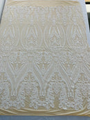 Big Damask Sequins Fabric - White - 4 Way Stretch Damask Sequins Design Fabric By Yard