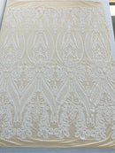 Big Damask Sequins Fabric - White - 4 Way Stretch Damask Sequins Design Fabric By Yard