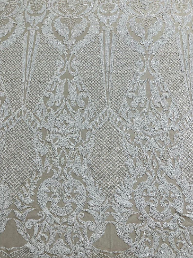 White Sequins Fabric on Nude Mesh, DAMASK Design Embroidered on a 4 way Stretch By The Yard