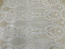 White Sequins Fabric on Nude Mesh, DAMASK Design Embroidered on a 4 way Stretch By The Yard