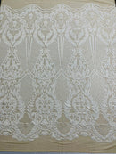 White Sequins Fabric on Nude Mesh, DAMASK Design Embroidered on a 4 way Stretch By The Yard