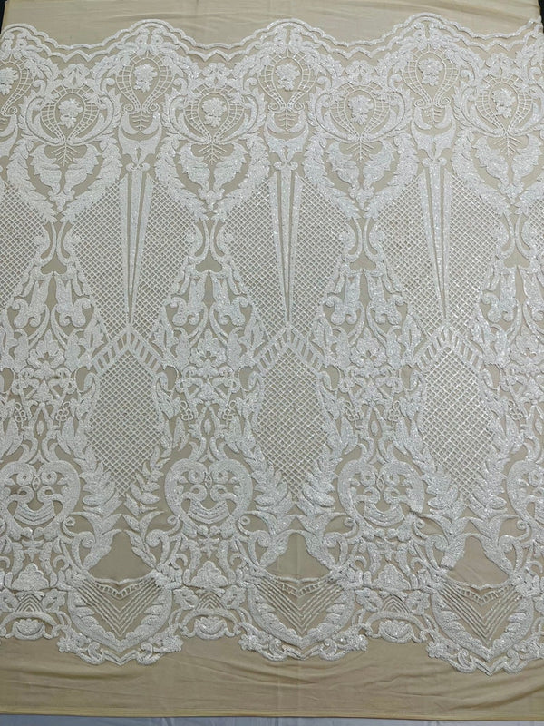 White Sequins Fabric on Nude Mesh, DAMASK Design Embroidered on a 4 way Stretch By The Yard