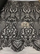 Sequins - Black - 4 Way Stretch Fancy Fabric Embroidered On Mesh Sold By The Yard