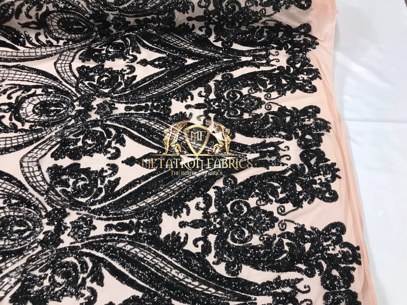 Black - Sequins 4 Way Stretch Fabric Embroidered On Mesh Sold By The Yard