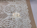 Sequins - White on Dark Nude Mesh - 4 Way Stretch Fancy Fabric Embroidered On Mesh Sold By The Yard