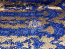 4 Way Stretch - Royal Blue and Gold - Two Tone Flower Design Sequins On Stretch Mesh By The Yard