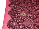 Sequins - Burgundy - 4 Way Stretch Fancy Fabric Embroidered On Mesh Sold By The Yard