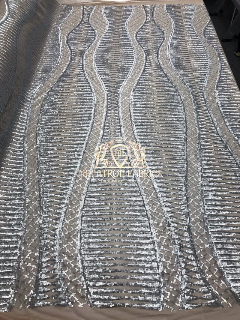 4 Way Stretch - Silver  - Horizontal Line Design Sequins On Stretch Mesh By The Yard