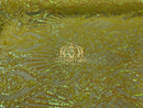 Iridescent Sequins - Yellow - 4 Way Stretch Damask Design Fabric On Stretch Mesh By The Yard