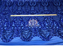 Sequins - Royal Blue - 4 Way Stretch Fancy Fabric Embroidered On Mesh Sold By The Yard