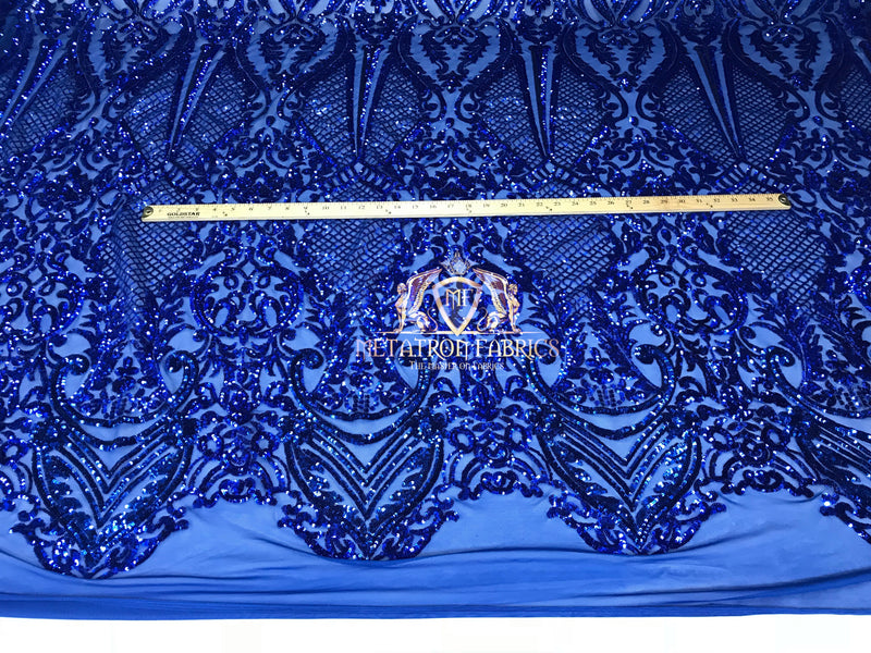 Sequins - Royal Blue - 4 Way Stretch Fancy Fabric Embroidered On Mesh Sold By The Yard