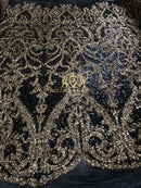 Two Tone Sequins - Black / Gold - 4 Way Stretch Fancy Design Mesh Fabric Sold By The Yard