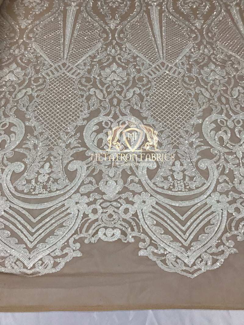 Sequins - White on Nude Mesh - 4 Way Stretch Fancy Fabric Embroidered On Mesh Sold By The Yard