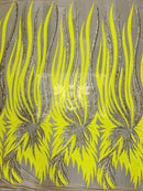 Phoenix Feather Sequins - Yellow / Matte Gold  - 4 Way Stretch Phoenix Pattern Fashion Design Fabric