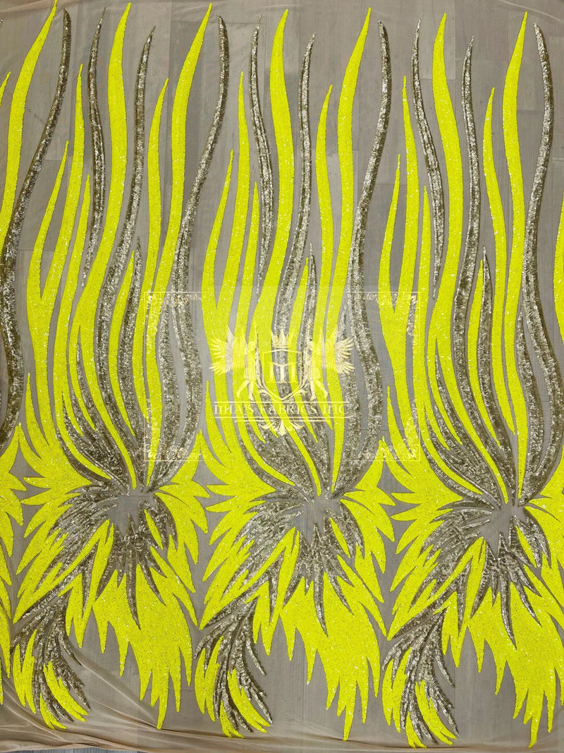 Phoenix Feather Sequins - Yellow / Matte Gold  - 4 Way Stretch Phoenix Pattern Fashion Design Fabric