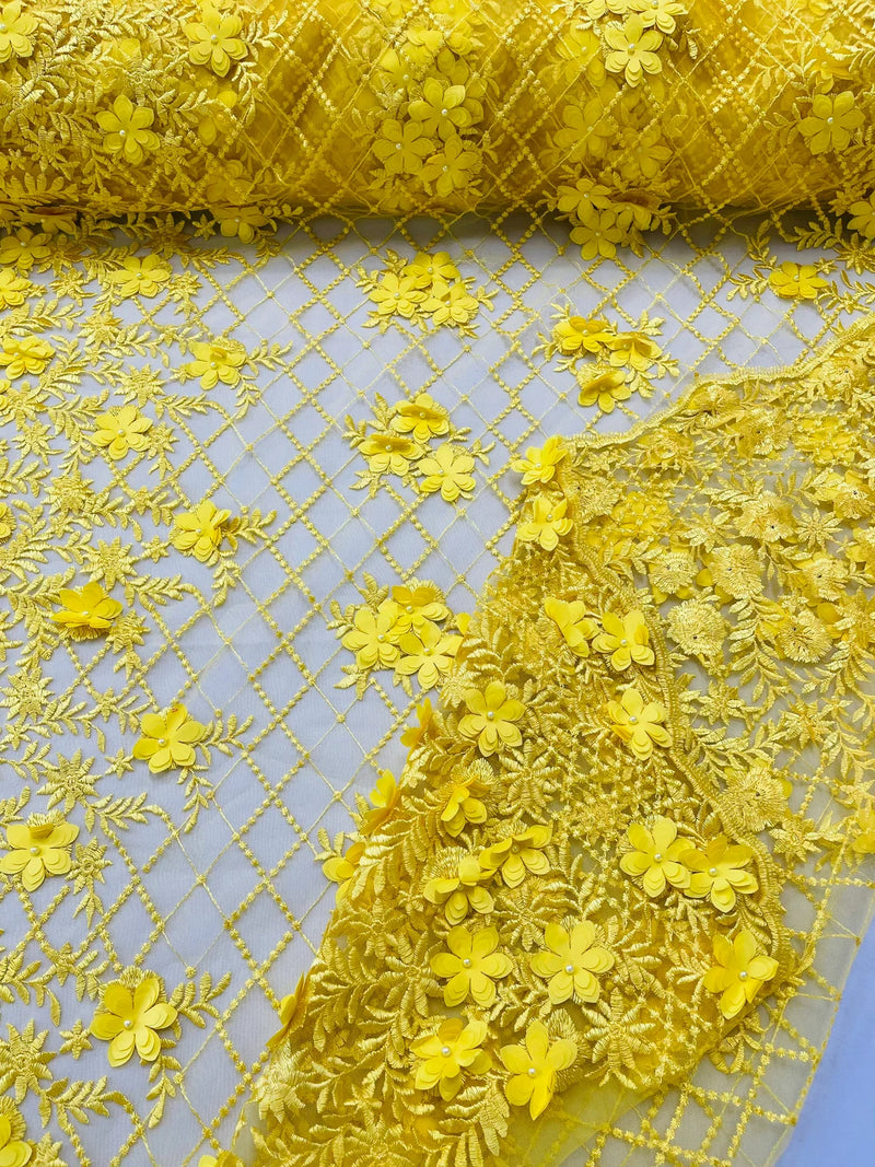 3D Floral Pearl Fabric - Yellow - 3D Triangle Flower Design on Mesh By Yard