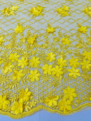 3D Floral Pearl Fabric - Yellow - 3D Triangle Flower Design on Mesh By Yard