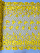 3D Floral Pearl Fabric - Yellow - 3D Triangle Flower Design on Mesh By Yard