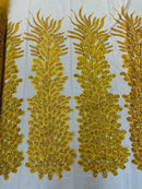 3D Beaded Peacock Feathers - Vegas Design Embroidered Sequins and Beads On a Mesh Lace Fabric - 15 Yard Roll