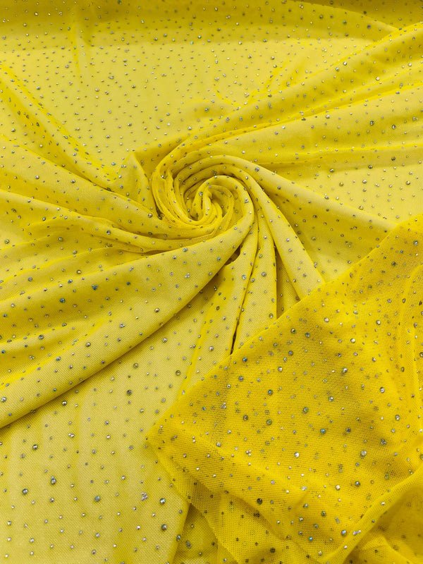 Power Mesh Polyester Rhinestone Fabric - Yellow - 4 Way Stretch Power Mesh Fabric Crystal Stones By Yard
