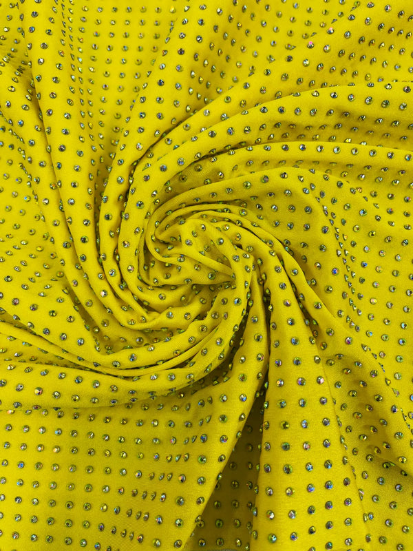 Solid Color Rhinestone Fabric - Yellow - 4 Way Stretch Soft Solid Color Fabric with Crystal Stones Sold By Yard