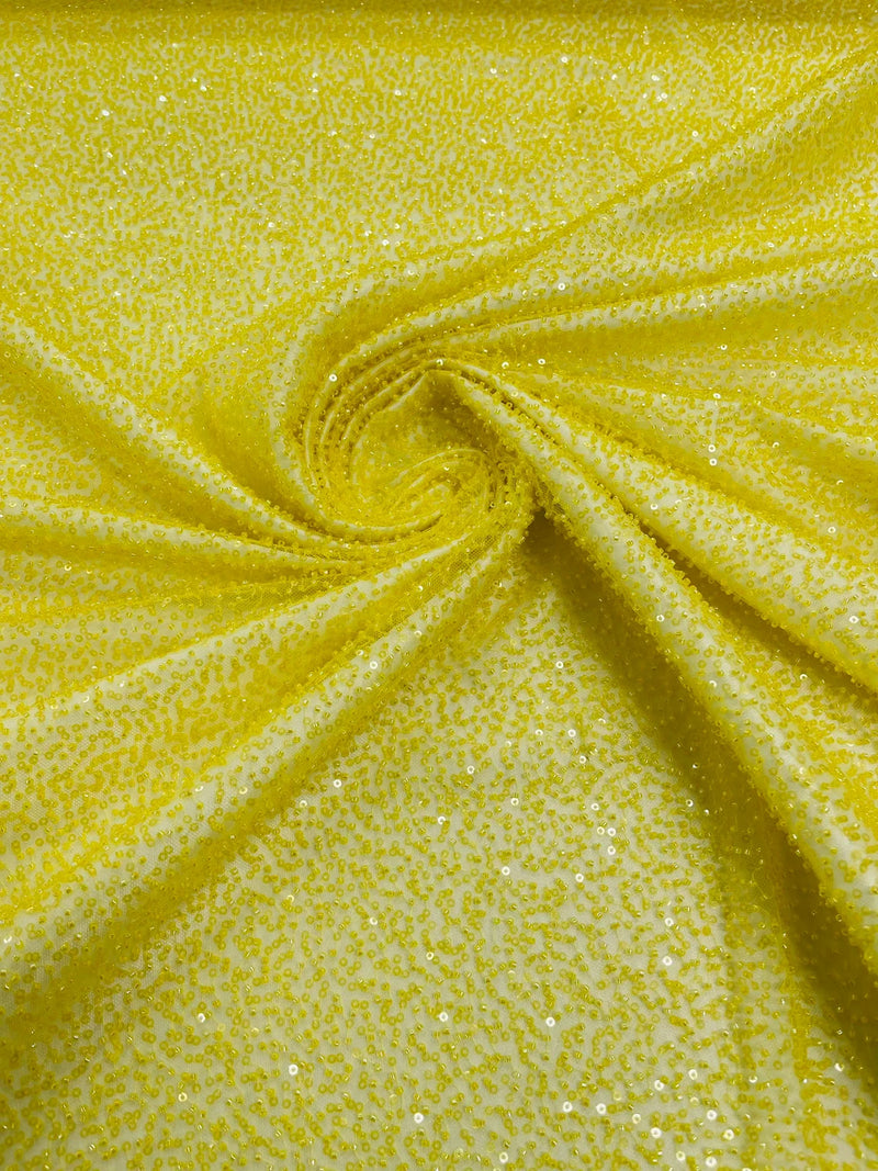 3D Beaded Lace Fabric - Yellow - Heavy Embroidery Handmade Lace, Beaded Fabric By Yard