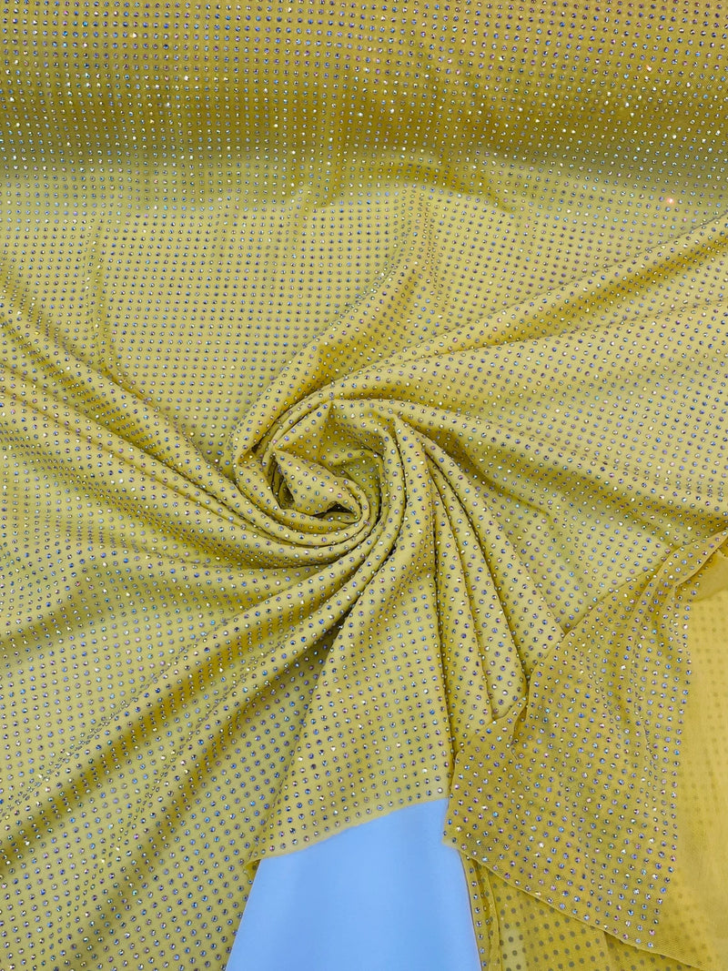 Power Mesh Rhinestone Fabric - Yellow - 4 Way Stretch Power Mesh Fabric Crystal Stones By Yard