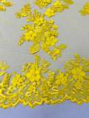 Floral 3D Rose Fabric - Yellow - Embroided Rose Flower Design Fabric Sold by Yard