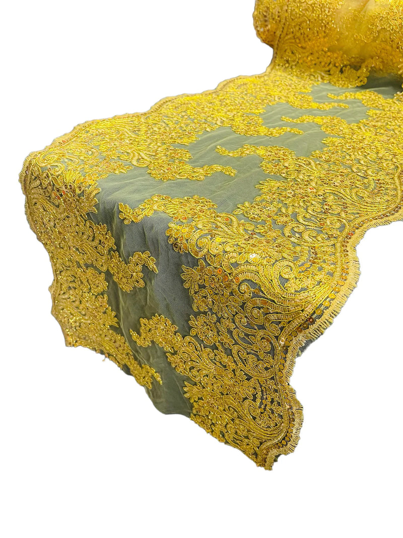14" Metallic Floral Design Lace Table Runner - Yellow - Event Table Decor Runner Sold By Yard