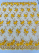 Flower Lace Fabric - Yellow Gold - Embroidered Roses With Sequins on a Mesh Lace Fabric By Yard
