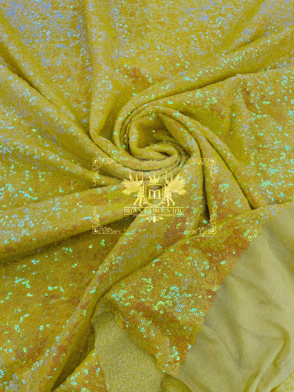 Mini Glitz Sequins - Yellow Iridescent - 4 Way Stretch Mini Glitz Sequins on Mesh Fabric Sold By Yard