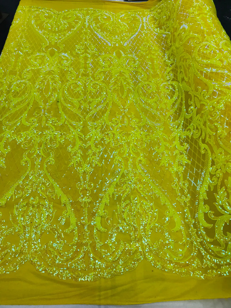 Heart Damask Sequins - Yellow Iridescent - 4 Way Stretch Elegant Shiny Net Sequins Fabric By Yard
