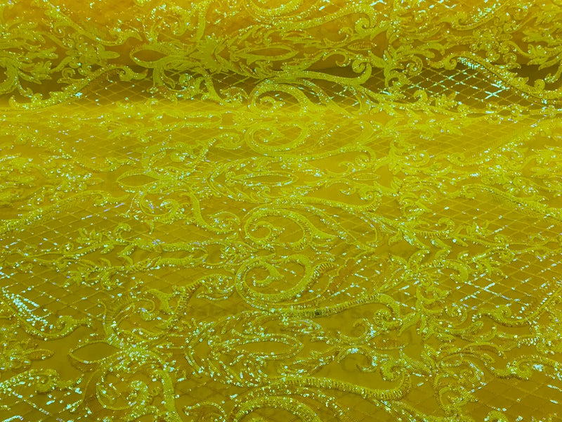 Heart Damask Sequins - Yellow Iridescent - 4 Way Stretch Elegant Shiny Net Sequins Fabric By Yard