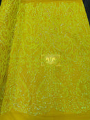 Heart Damask Sequins - Yellow Iridescent - 4 Way Stretch Elegant Shiny Net Sequins Fabric By Yard