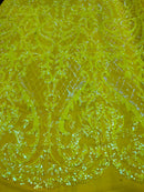 Heart Damask Sequins - Yellow Iridescent - 4 Way Stretch Elegant Shiny Net Sequins Fabric By Yard