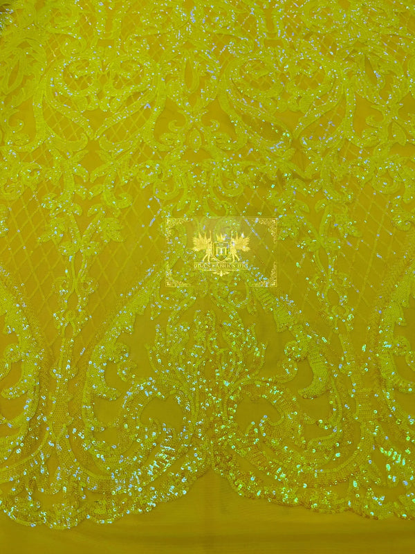 Heart Damask Sequins - Yellow Iridescent - 4 Way Stretch Elegant Shiny Net Sequins Fabric By Yard