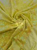 Mini Glitz Sequins - Yellow Iridescent - 4 Way Stretch Mini Glitz Sequins on Mesh Fabric Sold By Yard