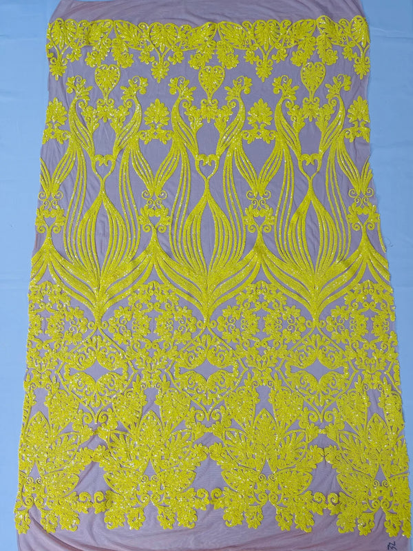 Damask Heart Design - Yellow on Nude- Damask with Heart Design Sequins on Mesh By Yard